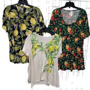 Lot of 3 Lularoe Kim Rogers Womens Large Short Sleeve Floral Lemon Long Shirts